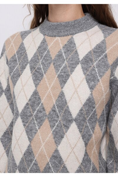 Colin's Regular Fit Yuvarlak Yaka Baskılı Kadın Gri Kazak