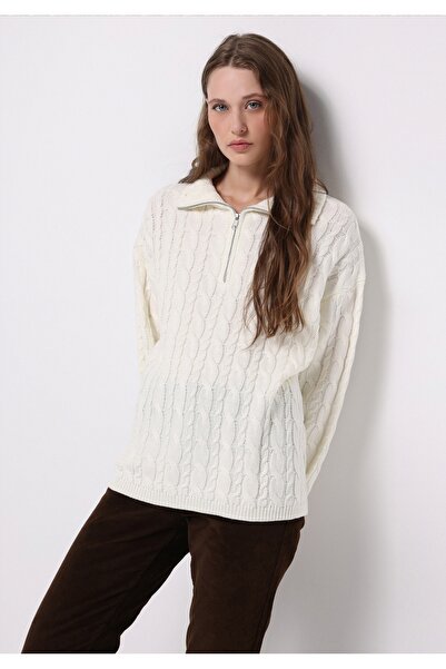 Colin's Oversized Zippered Plain Women's Ecru Sweater
