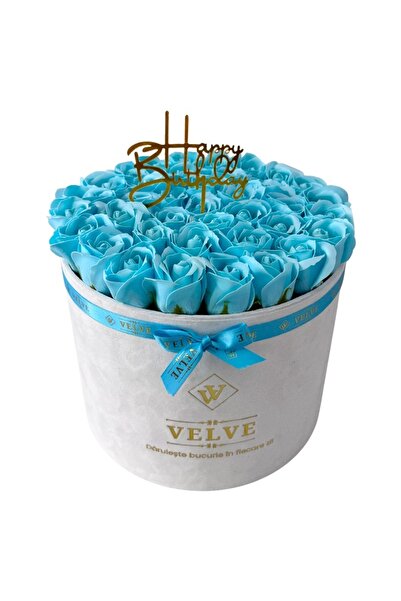 velve Aranjament Floral Majestic Albastru deschis,trandafiri sapun,cutie alba catifea,mesaj Happy Birthday