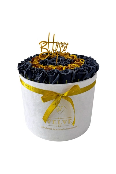 velve Aranjament Floral Majestic,trandafiri sapun,negru,auriu,cutie alba cati...
