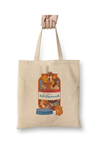 Toyaso Anti Depression Cat White Tote Bag Long Handle Shopping Bag Beach Bag