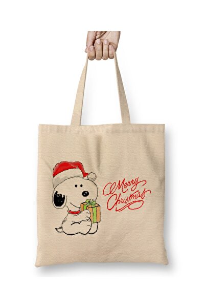 Toyaso Новорічна концепція Snoopy Merry Christmas Біла тканинна сумка з довгими ручками для покупок