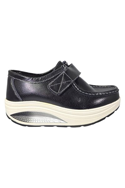 ANGEL BLUE women's black leather shoes with arched ortho-fitness platform, velcro closure, s