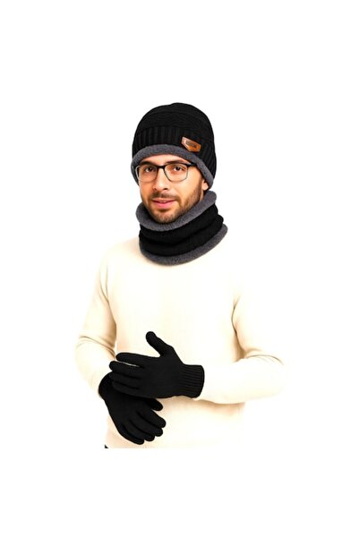 Vadodara Winter Set: Beanie, Neck Warmer & Gloves for Men - Black, Thick Knit with Cocolino Plush Lining