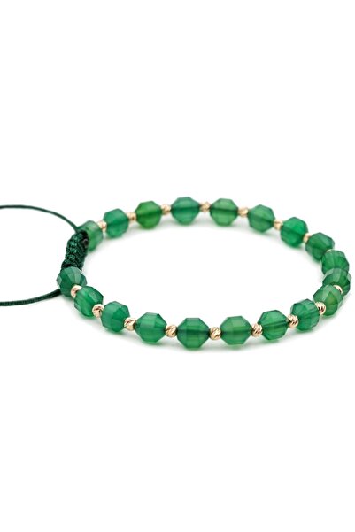 MANAVA Bracelet with 20 14k Gold balls and semi-precious green agate stones, adjustable
