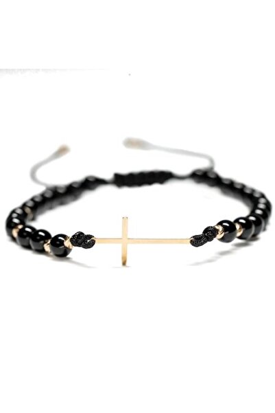 MANAVA Bracelet with 10 14k Gold balls, 14k gold cross and black onyx, adjustable