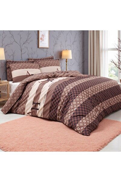 Vadodara Luxury 4-Piece Bed Linen, 100% Ranforce Cotton, Brown with Classic Monogram, Double/King Size (240x2