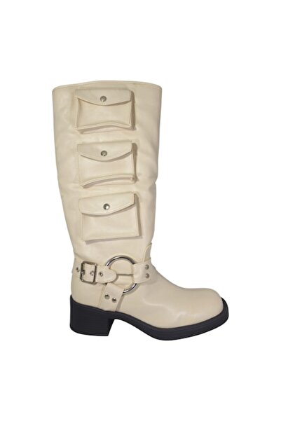 Ego Manchester mid-calf women's boots off-white, faux leather, buckle details, 5 cm heel (EU 39)