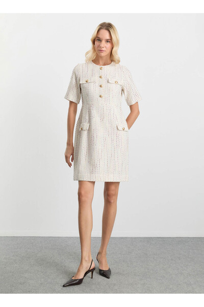 Selen O Yaka Simli Ekru Standart Kadın Elbise 25KSL7700