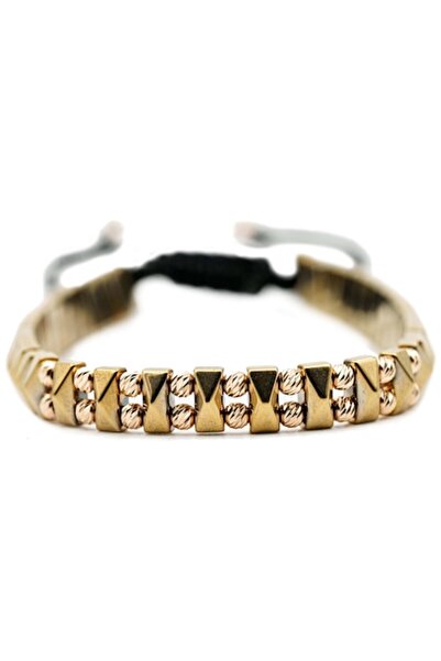 MANAVA Bracelet with 20 14k Gold balls and semi-precious hematite stones, adjustable