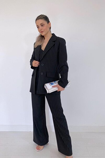 Moderie Butik Μαύρο ριγέ σετ γιλέκο και παντελόνι