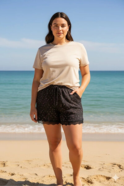 Litae Litaetrend Solid Color Mini Floral Pattern Combed Cotton Women's Home Shorts Leg Lace Detailed Home Wear Black