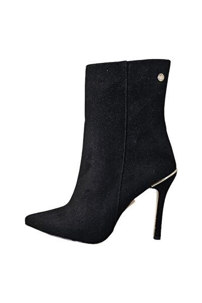 Nine West women's ankle boots, 10 cm stiletto, faux suede black, gold heel detail, size 38