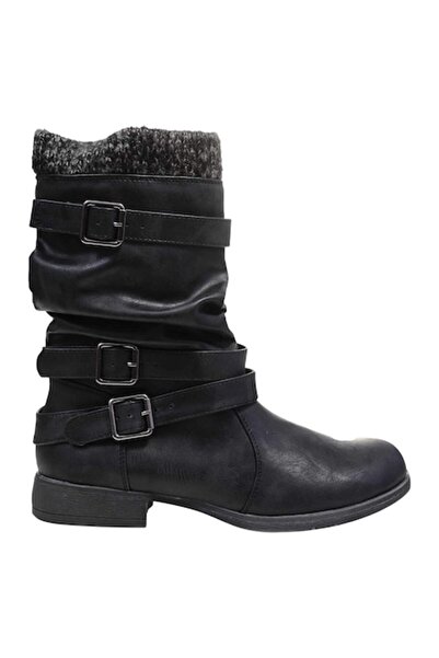 JustFab Women's Slouchy Boots Black Faux Leather Knit Collar Side Zipper Size 37.5 EU