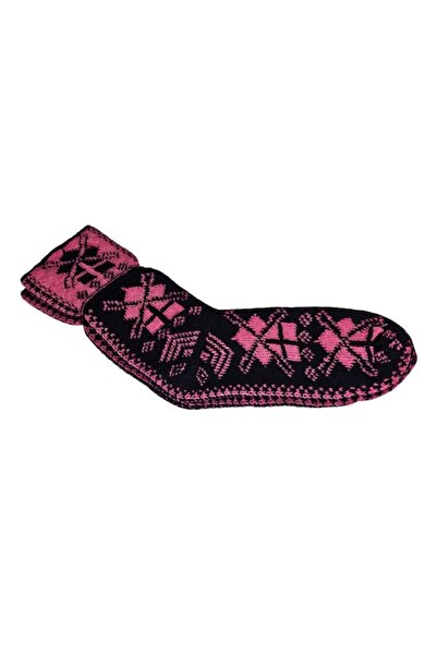 Kral Knitted Slipper-Style Women's Socks, Wool, Ethno Motifs, Navy with Fuchsia, One Size