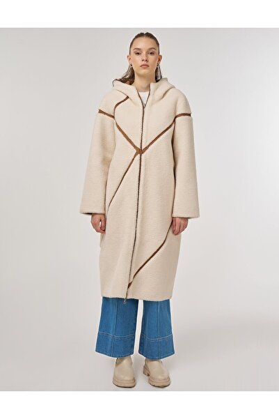 Kayra Striped Detail Plush Coat Camel