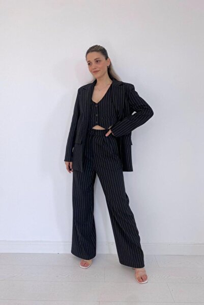 Moderie Butik Μαύρο ριγέ σετ γιλέκο και παντελόνι