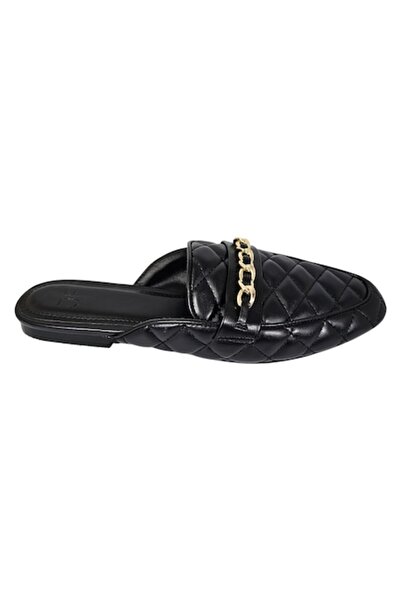 Shoedazzle by Just Fab Just Fab - Women's mule slippers, black quilted faux leather, gold chain, size 38.5 EU