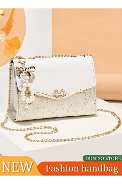 DUNISO Women's PU Leather Crossbody Bag with Pendant, Magnetic Closure, White