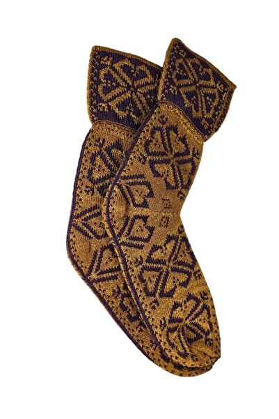 Kral - Women's Knitted 'Ciupici' Socks, Wool, Ethnic Motifs, Brown & Purple, One Size