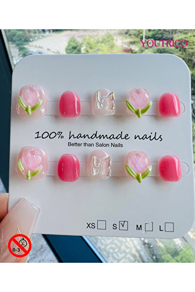 Youtrico أظافر صناعية للأطفال مصنوعة يدويًا بنسبة 100%، لون أخضر كرتوني، آمنة...