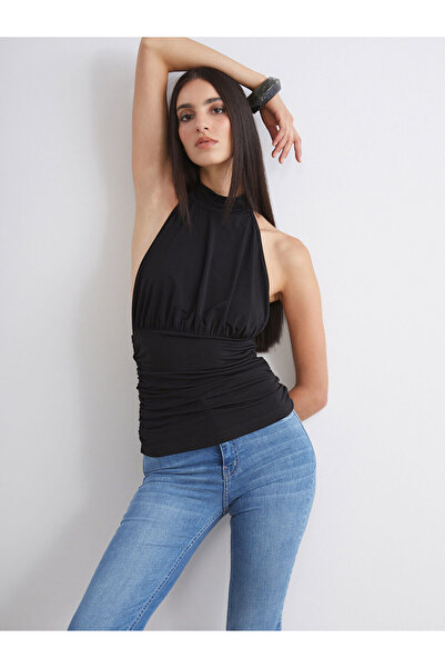 LC Waikiki Soulife Black Halter Neck Gathered Blouse