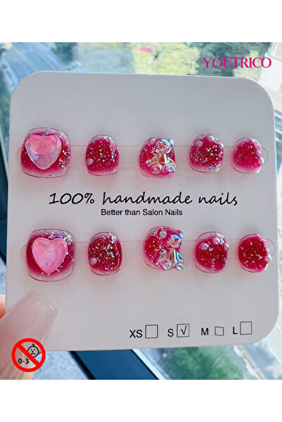 Youtrico أظافر صناعية للأطفال مصنوعة يدويًا بنسبة 100% بلون البرقوق الداكن وا...