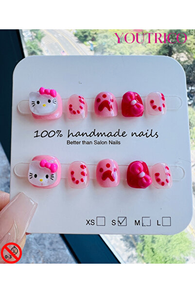 Youtrico أظافر صناعية للأطفال مصنوعة يدويًا بنسبة 100% على شكل مخلب هيلو كيتي...