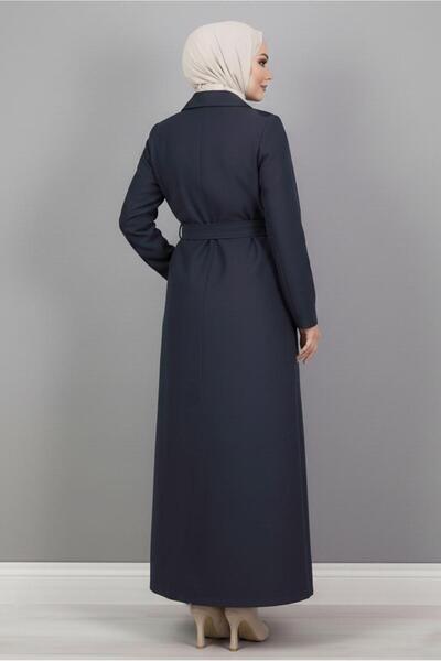 TRENDTESETTÜR KADIN LACİVERT KUŞAKLI UZUN TRENÇKOT T 1094