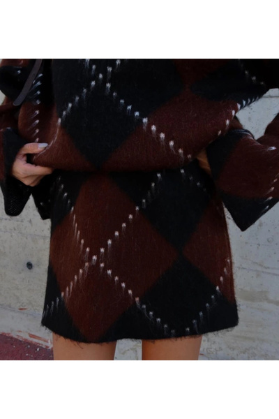 nidistore Brown Black Diamond Patterned Skirt Sweater Set