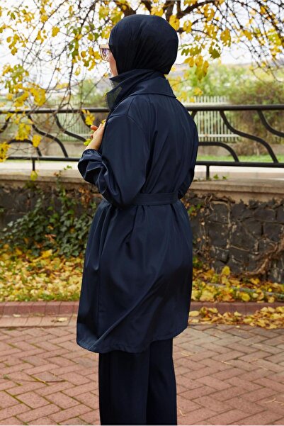TRENDTESETTÜR Women's Navy Blue Belted Trench Coat t 59112