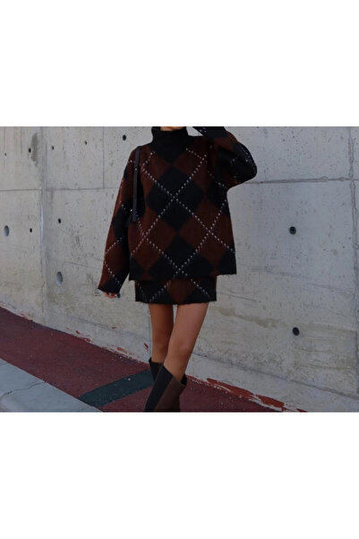 nidistore Brown Black Diamond Patterned Skirt Sweater Set