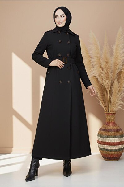 TRENDTESETTÜR Women's Black Belted Long Trench Coat t 1094