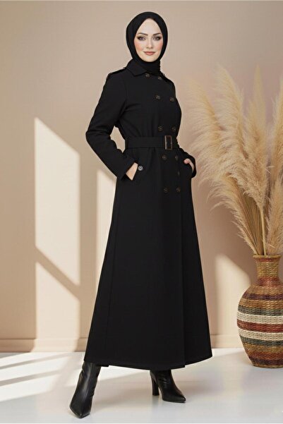 TRENDTESETTÜR Women's Black Belted Long Trench Coat t 1094