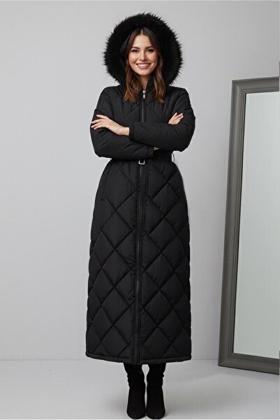 TRENDTESETTÜR KADIN SİYAH KEMERLİ MANTO T 3519