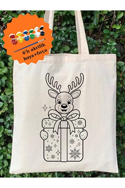 Cemira Boyama Seti Geyikli Yeniyıl Bez Çanta Boyanabilir Anaokulu Çocuk Etkinlik Boyama