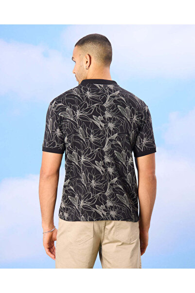 REDTAG Men Black Floral Print Polo Shirt