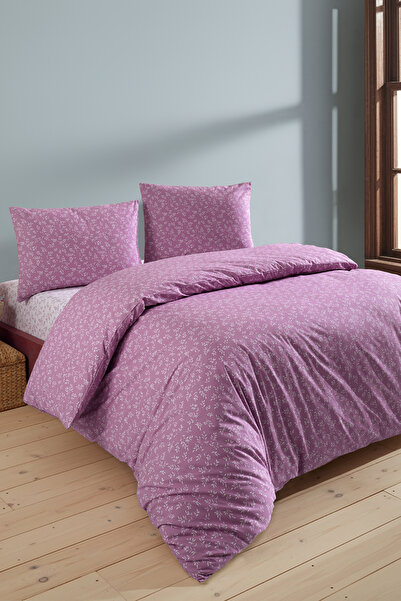 LADYNİL 100% Cotton Double Duvet Cover Set with Elastic Sheets, Plum Spike