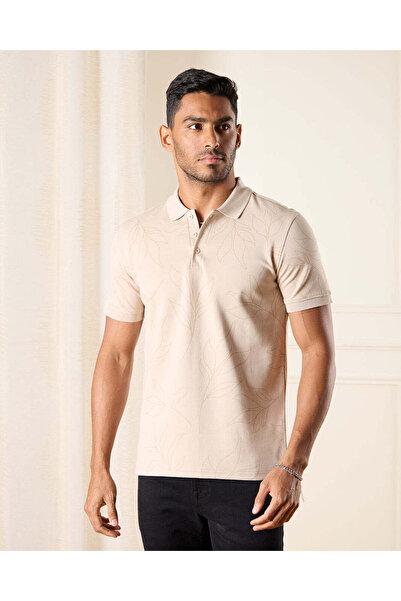 REDTAG Men Beige Leaves Print Polo Shirt