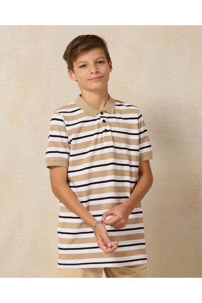 REDTAG تي شيرت بولو مخطط باللون البيج للأولاد الكبار