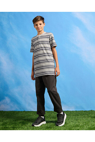 REDTAG Senior Boys Grey Striped Mandarin Collar Polo Shirt