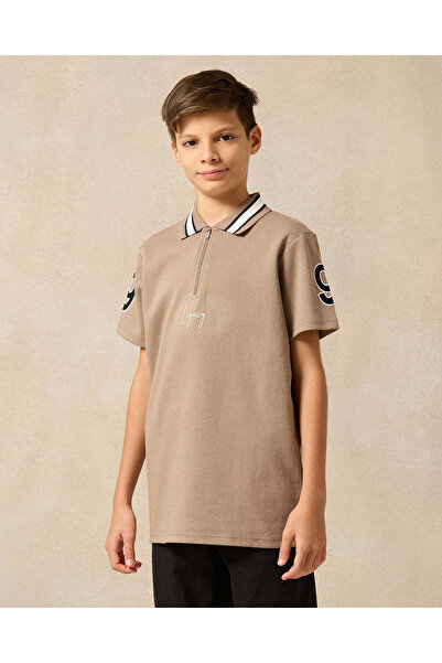 REDTAG Senior Boys Brown Plain Zip Placket Polo T-shirt
