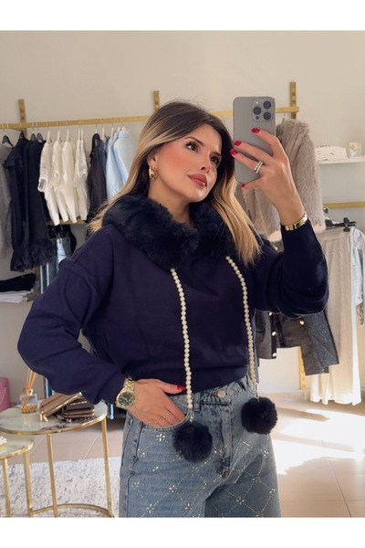 DENİZ İncili Çıkarılabilir kürk Detaylı Kapşonlu Sweatshirt