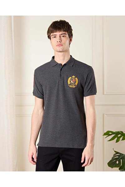 REDTAG Men Charcoal Badge Polo Shirt