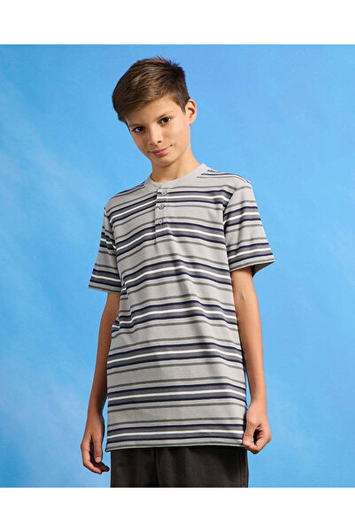 REDTAG Senior Boys Grey Striped Mandarin Collar Polo Shirt