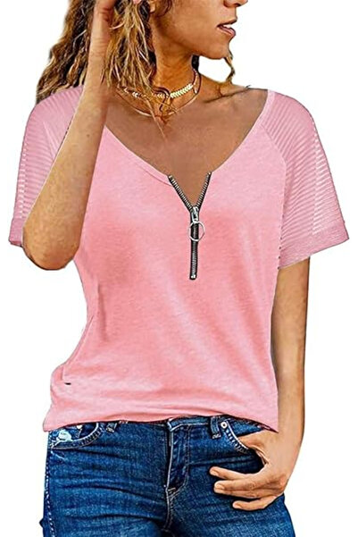 OEM Women's summer t-shirt, pink with zipper S