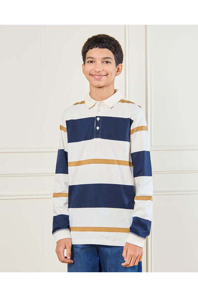 REDTAG Senior Boys White Stripes Long Sleeve Polo