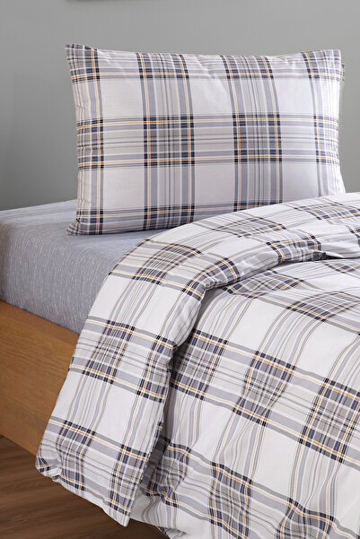LADYNİL 100% Cotton Single Duvet Cover Set with Elastic Fitted Sheet, Scottish Check Gray