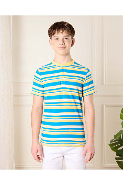 REDTAG قميص بولو مخطط باللونين الخردلي والأزرق للأولاد الكبار