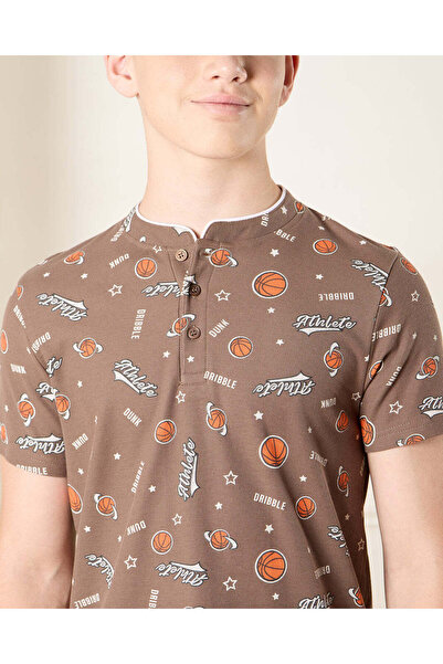 REDTAG Senior Boys Brown Printed Mandarin Polo T-Shirt